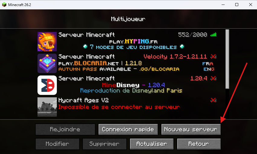 Cliquez sur « Nouveau serveur »